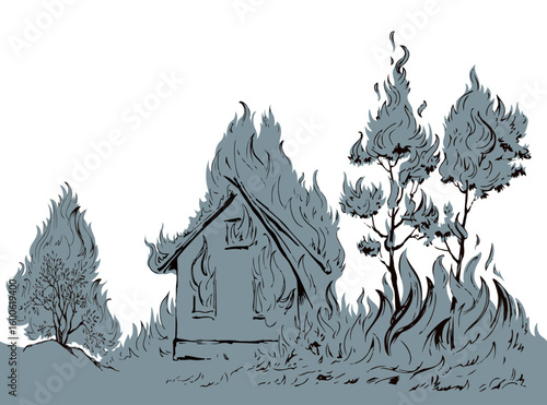 Vector drawing. Burning house and trees