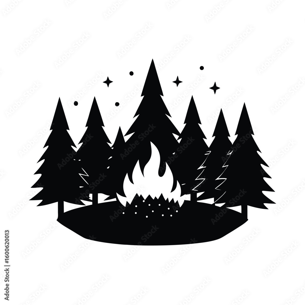 Obraz premium Campfire silhouette in a starry forest