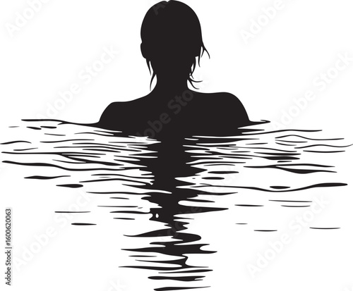 A senior woman gently treading water or swimming, shown in a full-length black silhouette illustration.