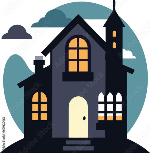 Ghostly modern suburban house with spectral silhouette isolated on transparent background