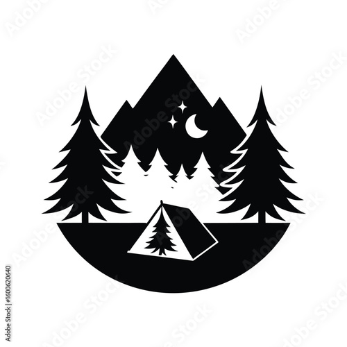 Mountain campsite silhouette illustration at night
