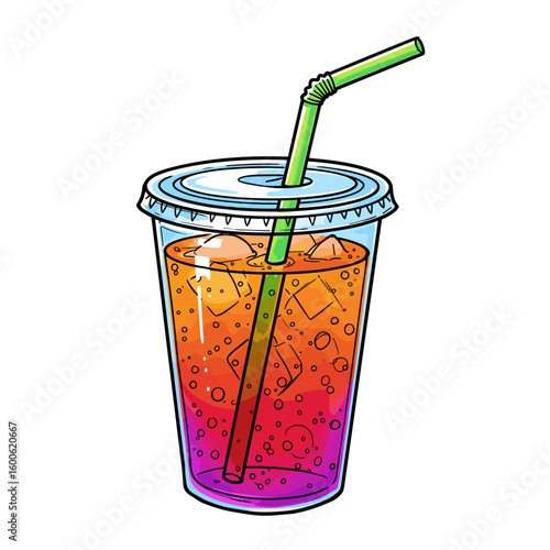 Colorful drink in disposable cup with straw and ice cubes  