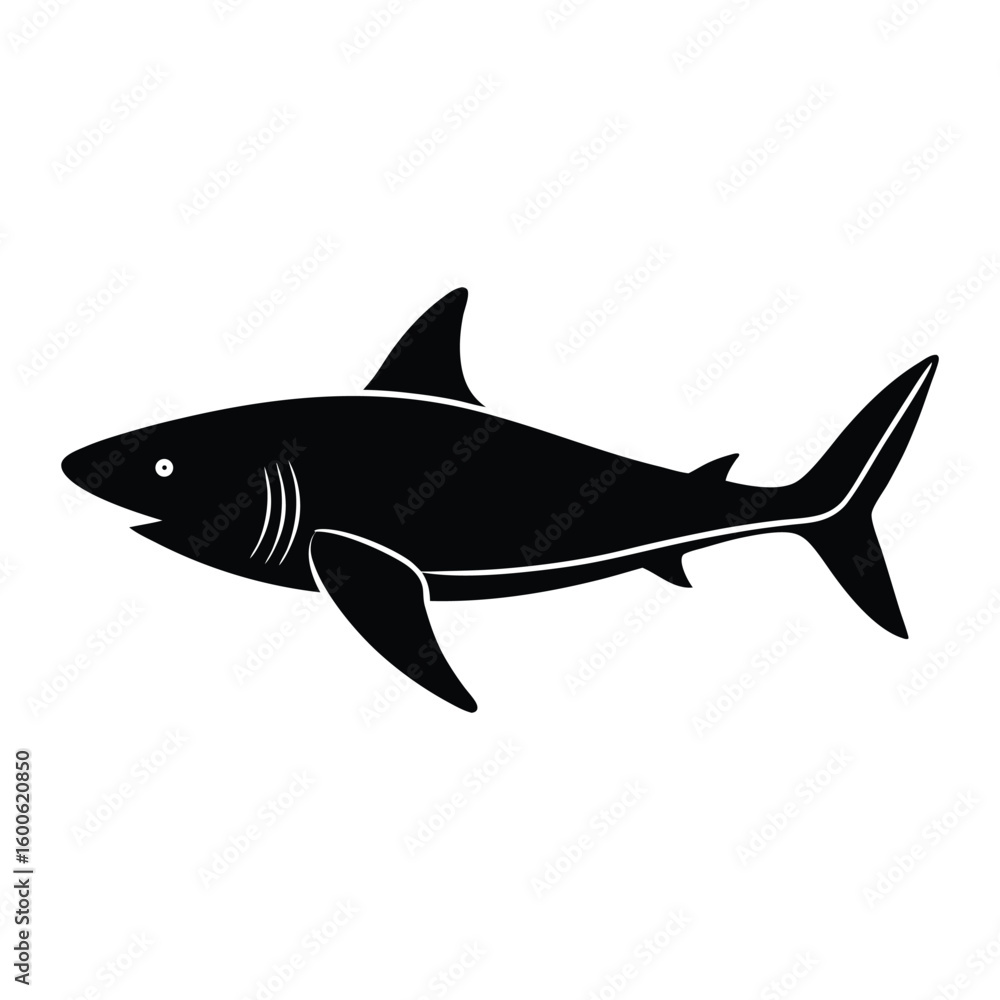 Obraz premium Black silhouette of a shark swimming on a white background
