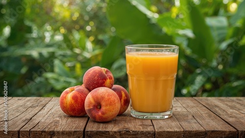 Fresh peaches alongside peach juice placed on a wooden table with a nature-inspired setting