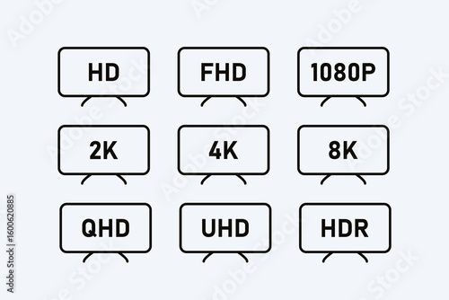 Screen resolution icon set with display size symbol, Full HD and 4K quality tv and monitor signs