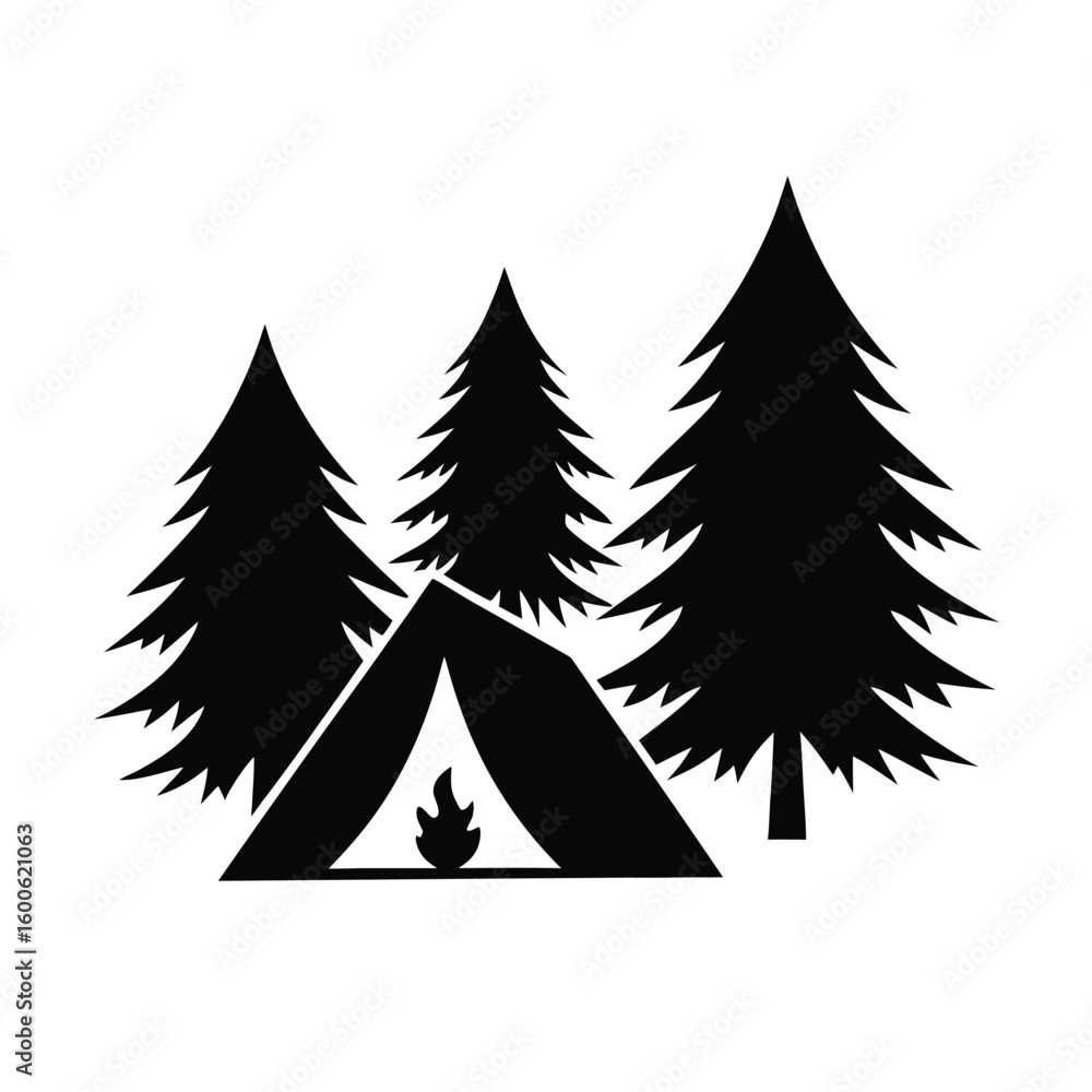 Obraz premium Silhouette of a Tent, Campfire and Trees