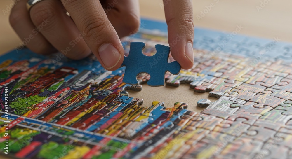 Fototapeta premium Jigsaw puzzle piece held above incomplete puzzle, hand visible