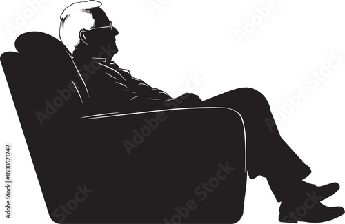A senior man seated on a couch, eyes focused on the screen, depicted in a full-length black silhouette.