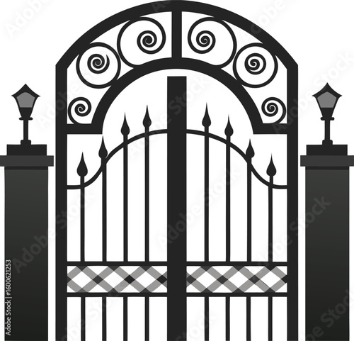 Ornate wrought iron cemetery gate ajar isolated on transparent background