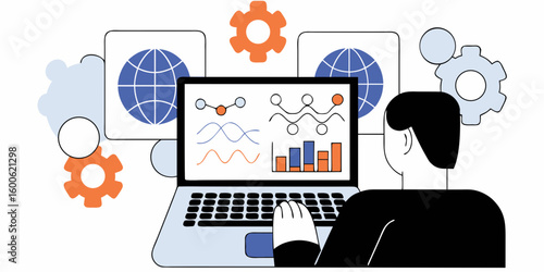 Vector Business professional analyzing global data trends on laptop with graphs and gears in background