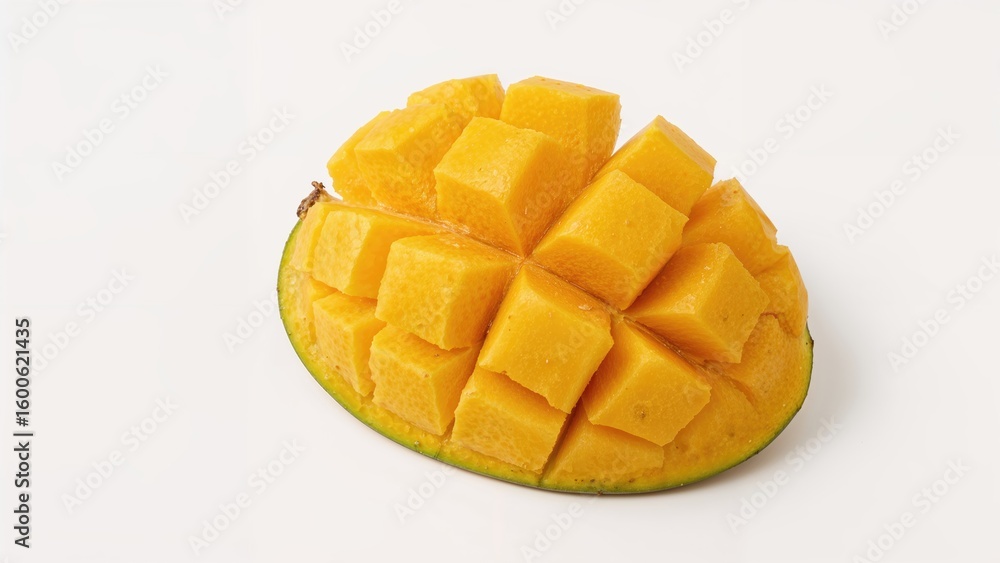 Fresh tropical mango pieces arranged on a clean white backdrop, isolated healthy fruit Fresh tropical mango pieces arranged on a clean white backdrop, isolated healthy fruit