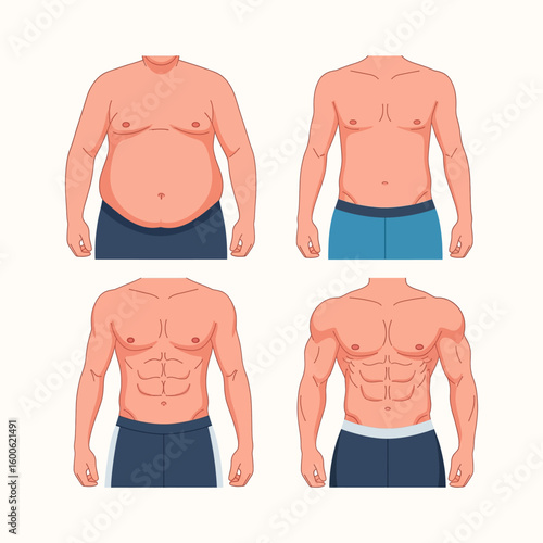 body fat man Flat 2D Vector Illustration of Weight Loss Transformation – Fat to Fit