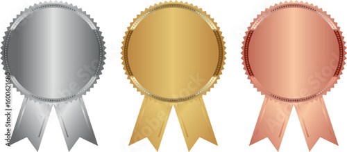 gold silver and bronze blank medal ribbons with metallic shine effect in award badge design	