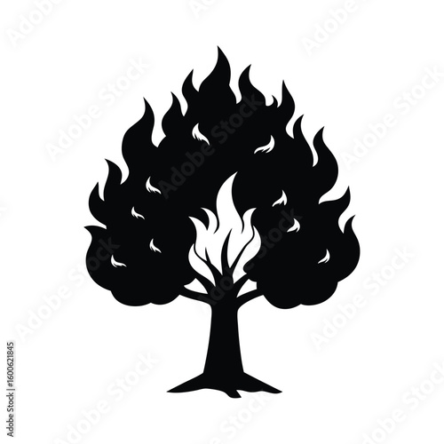 Burning tree silhouette with fire flames
