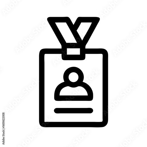 Conference badge with lanyard depicted in simple line drawing, conference badge to symbolize access and recognition. Conference badge with lanyard represents events, meetings.