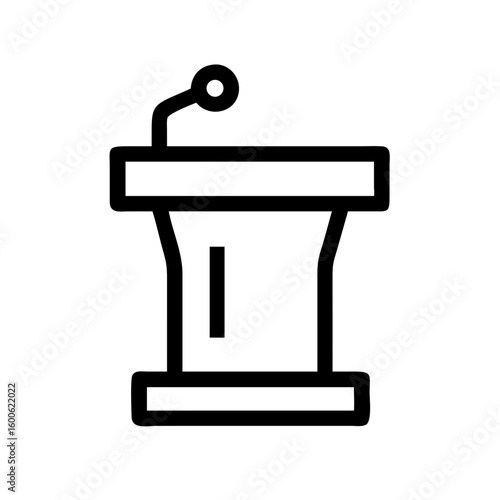 Podium with microphone in simple black line style, design for presentation, speech or lecture. Podium with microphone concept for speakers and conferences.