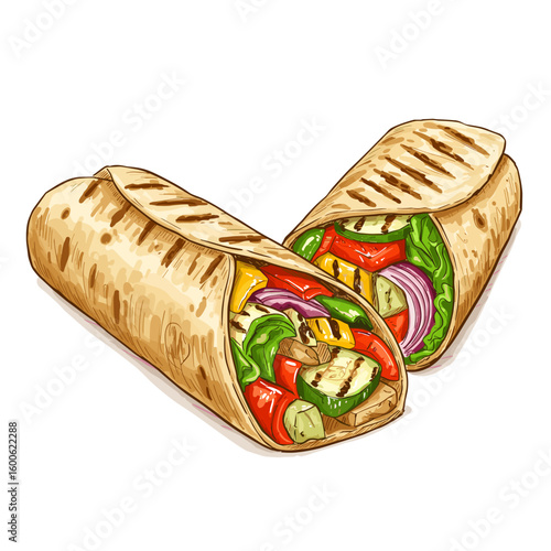 Grilled vegetable wrap with colorful ingredients and toasted tortilla  