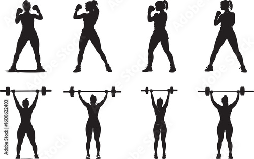 A woman in a fighting stance, fists raised, depicted in a full-length black silhouette.