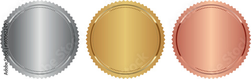 gold silver and bronze blank award medals with serrated edges in shiny metallic design	