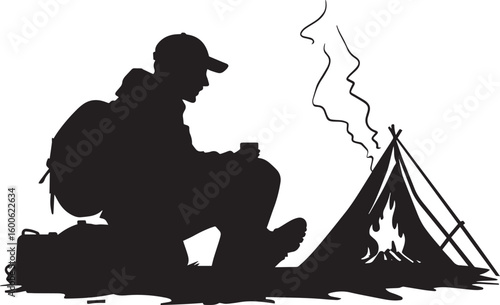 Camping Silhouette A man sitting near a tent, tending a fire. full length silhouette black vector illustration