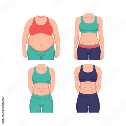 body fat woman Flat 2D Vector Illustration of Weight Loss Transformation – Fat to Fit