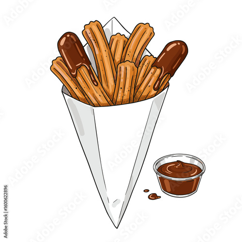 Churros with chocolate sauce in a cone on white background  