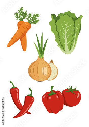 Vibrant Collection of Fresh Vegetables: Carrots, Lettuce, Onions, Chili Peppers, Bell Pepper, and Tomatoes