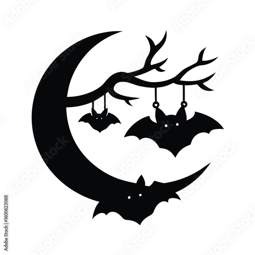 Bats hanging upside down from a moon branch