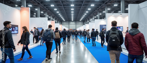 Bustling exhibition hall filled with attendees walking along blue carpet, surrounded by white display booths showcasing various products