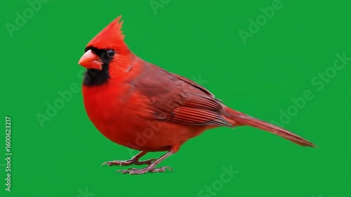 A vibrant cardinal characterized by its red plumage stands prominently against a bright green backdrop