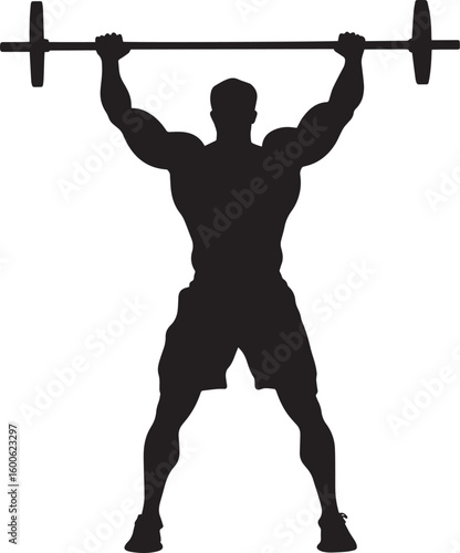 Silhouette of a Weightlifter Full-length black vector illustration of a man holding a barbell overhead or performing a bicep curl.