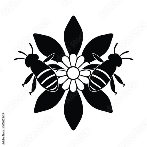 Symmetrical bees hovering on a blossom