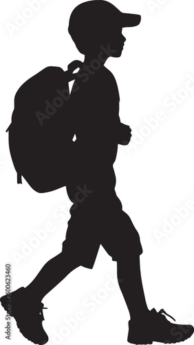 A black vector image of a child walking with a backpack, prepared for an adventure.