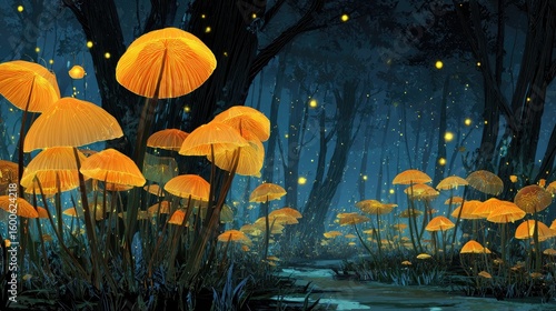 Glowing Mushrooms In Magical Night Forest