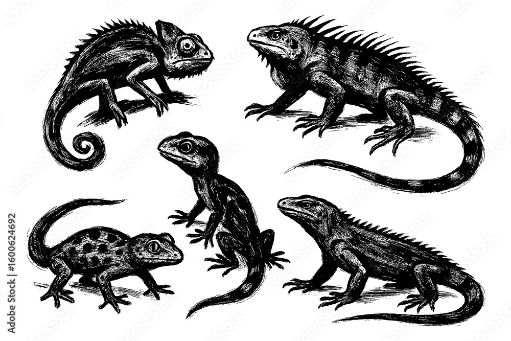 Fototapeta premium Lizard and Reptile Brush Illustration Set – Dynamic Iguana, Gecko, and Snake in Ink Style for Nature and Wildlife Design