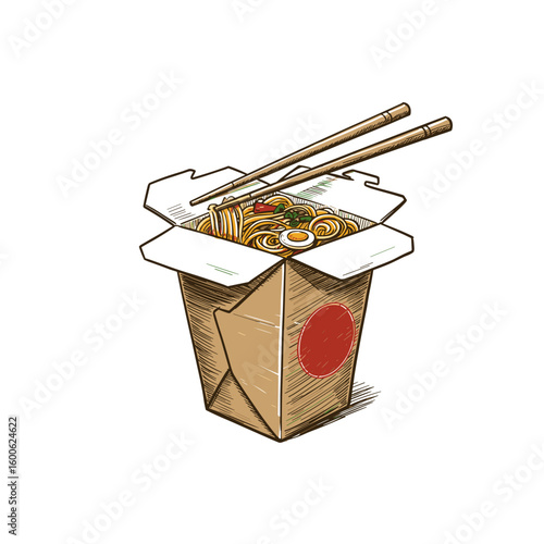 Takeout box of noodles with chopsticks in sketch style  