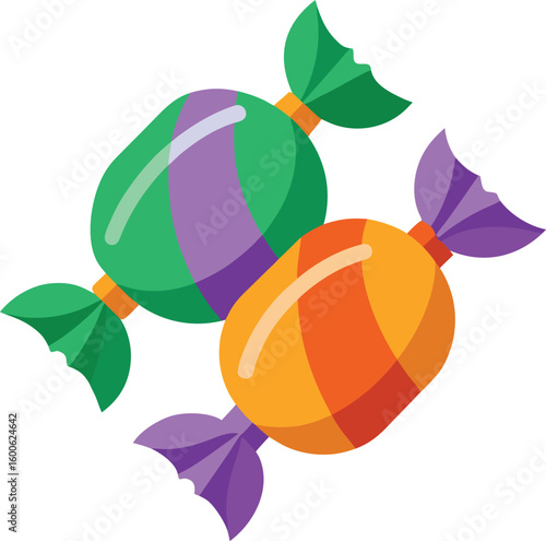 Three wrapped candies in orange purple and green isolated on transparent background
