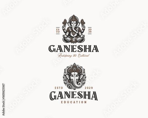 Vintage classic Ganesh brand Ganesha or Vinayaka Chavithi or Vinayagar Chaturthi logo