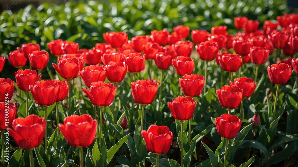 A broad meadow filled with crimson tulips A broad meadow filled with crimson tulips