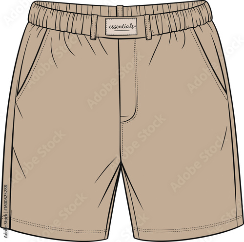 Beige elastic waist casual shorts front view cad drawing flat vector illustration, fashion sketch, summer wear design, garment template