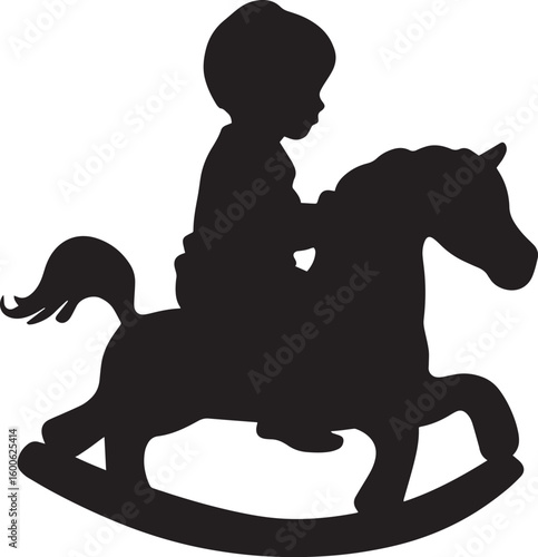 Infant on a Rocking Toy Silhouette Full-length silhouette of a baby gripping the handles of a rocking horse.
