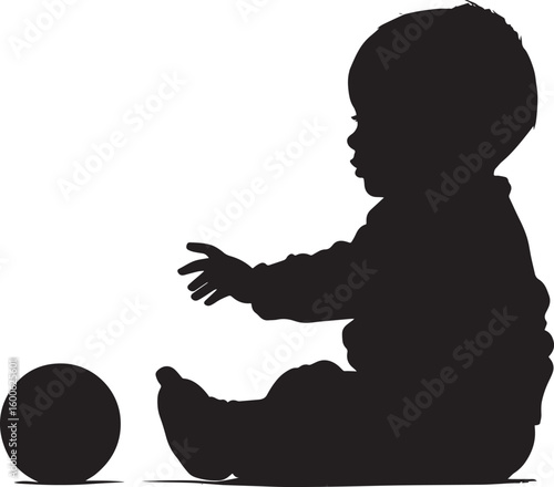 Baby Rolling a Ball Silhouette A black vector image of a baby sitting, pushing a ball with both hands.