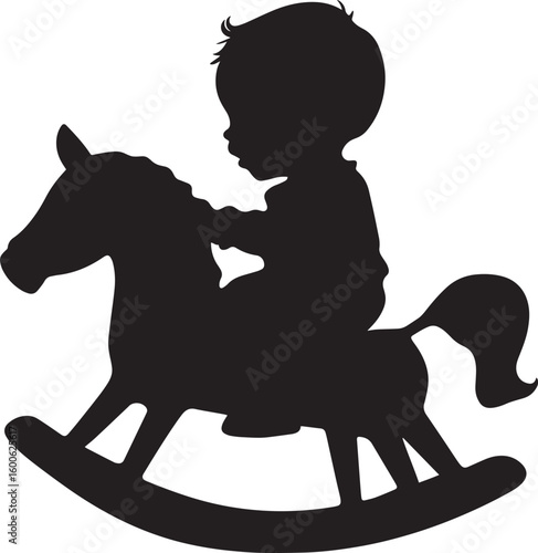 Vector Illustration of a Baby on a Rocking Horse Silhouette of a baby riding a small rocking horse, hands firmly on the handles.