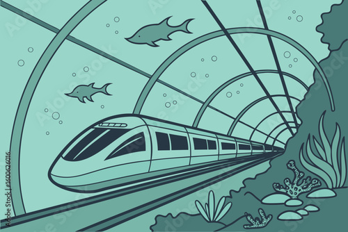 Illustration of a train traveling through an underwater tunnel with marine life and coral reefs