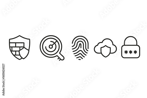 Security icons representing various cybersecurity concepts including protection, detection, and privacy measures to safeguard digital data