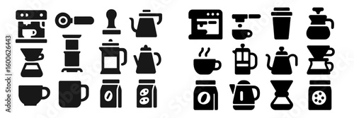 Various coffee brewing tools and accessories arranged in a simple and organized layout in black and white design