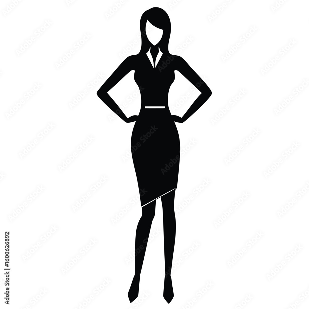 Fototapeta premium Confident Businesswoman Silhouette Standing with Hands on Hips, Office Attire Style