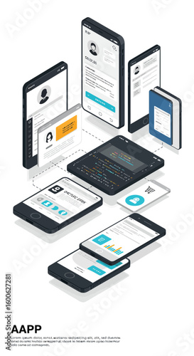Isometric Mobile App Design with User Interfaces and Code Snippets