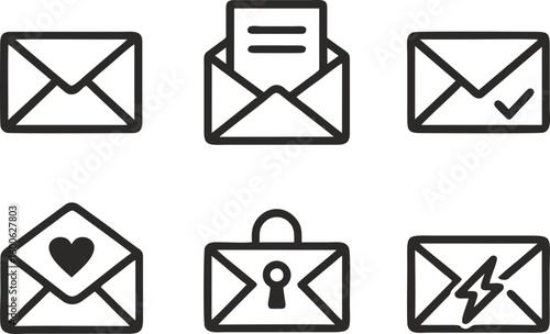 set of vector icons with images of mail envelopes: with a letter, with a heart, with a check mark, with a lock and lightning. Perfect for use in application interfaces, instant messengers, email newsl