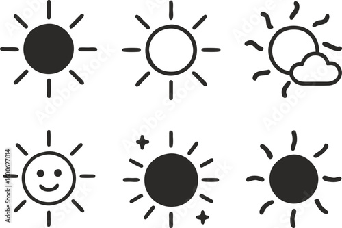Set of vector icons of the sun and sunny weather.